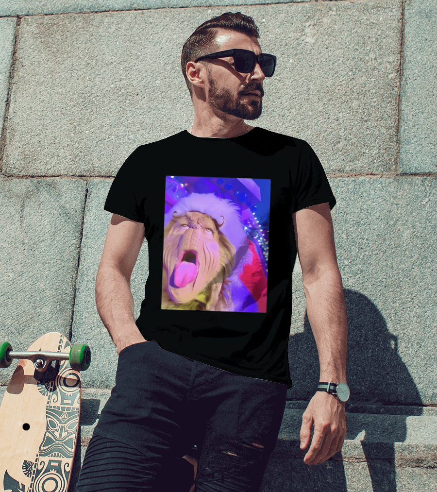 Grinch Santa Hat Funny Tongue Out Meme Christmas T-Shirt