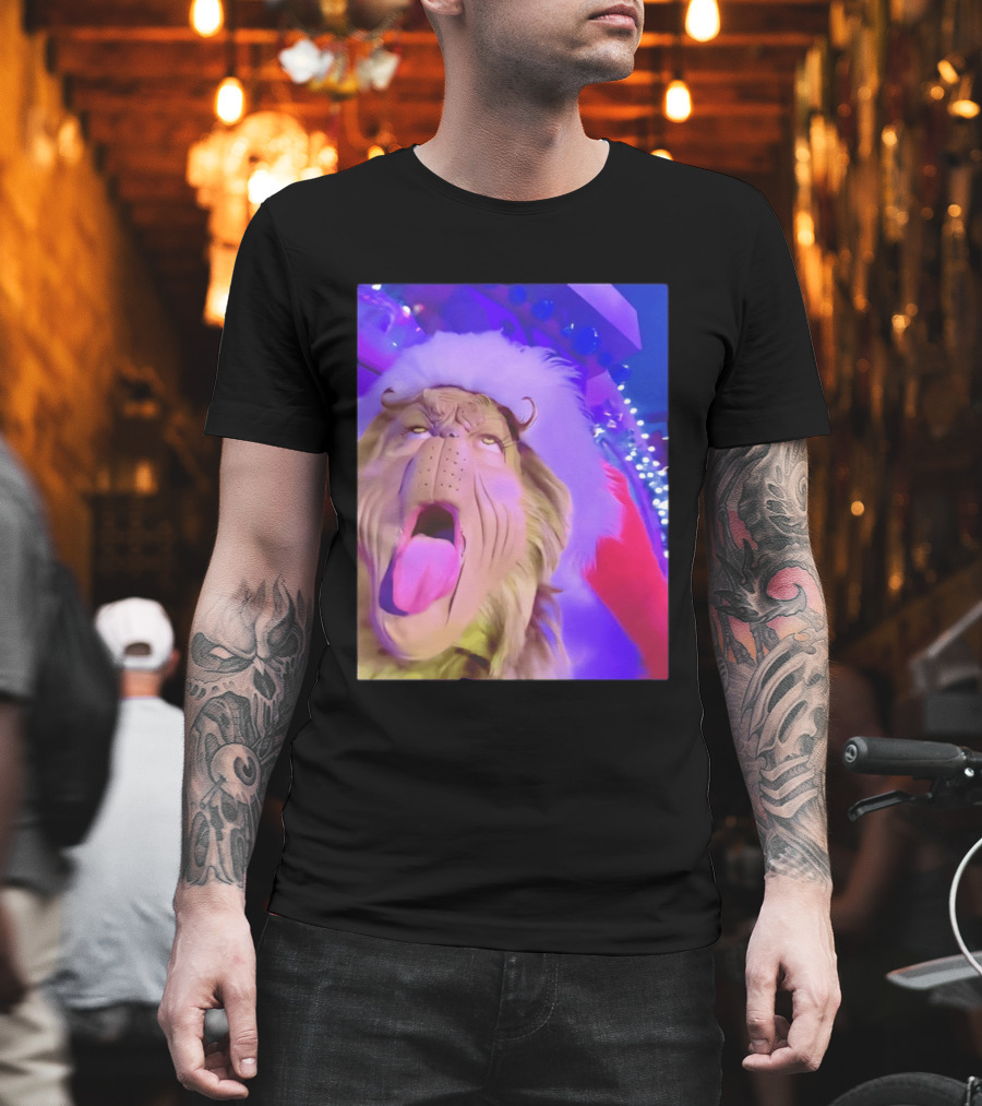 Grinch Santa Hat Funny Tongue Out Meme Christmas T-Shirt