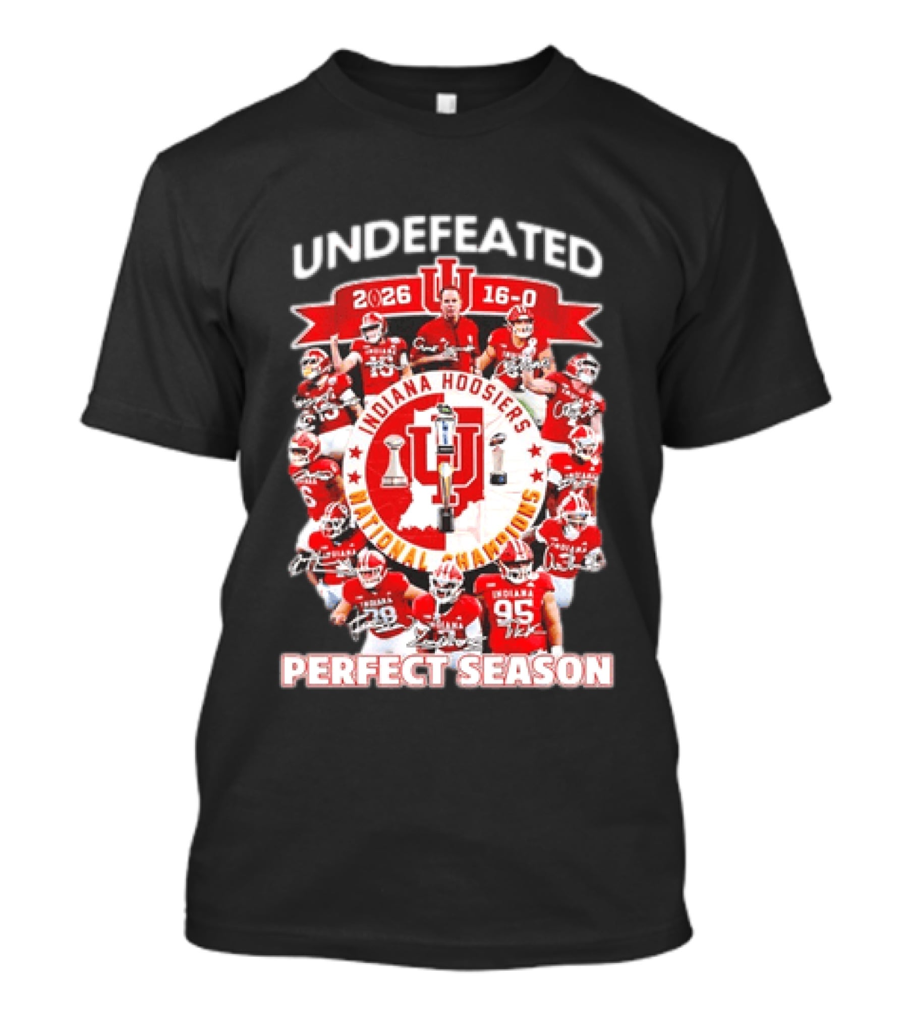 Indiana Hoosiers 2026 Undefeated National Champions 16 0 Perfect Season Players And Trophies T-Shirt