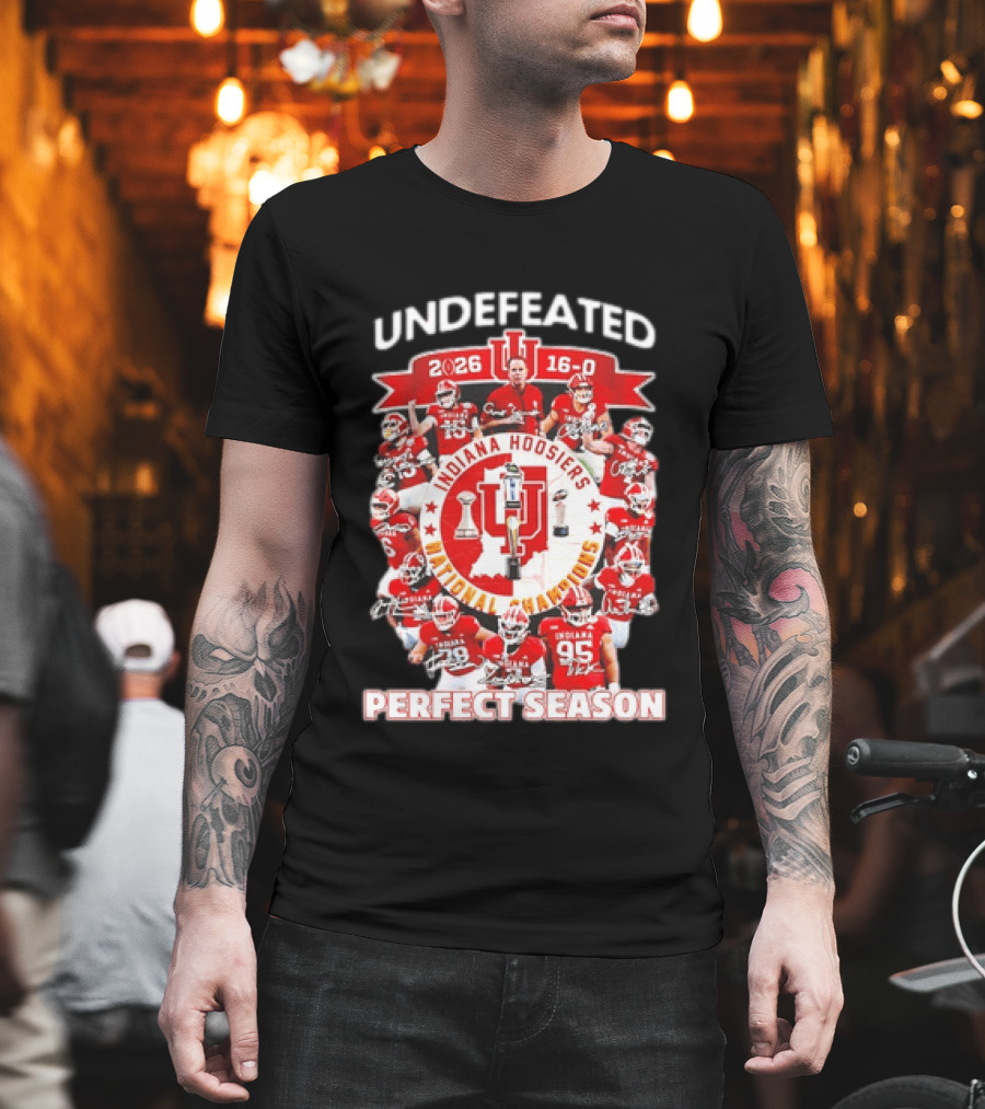 Indiana Hoosiers 2026 Undefeated National Champions 16 0 Perfect Season Players And Trophies T-Shirt