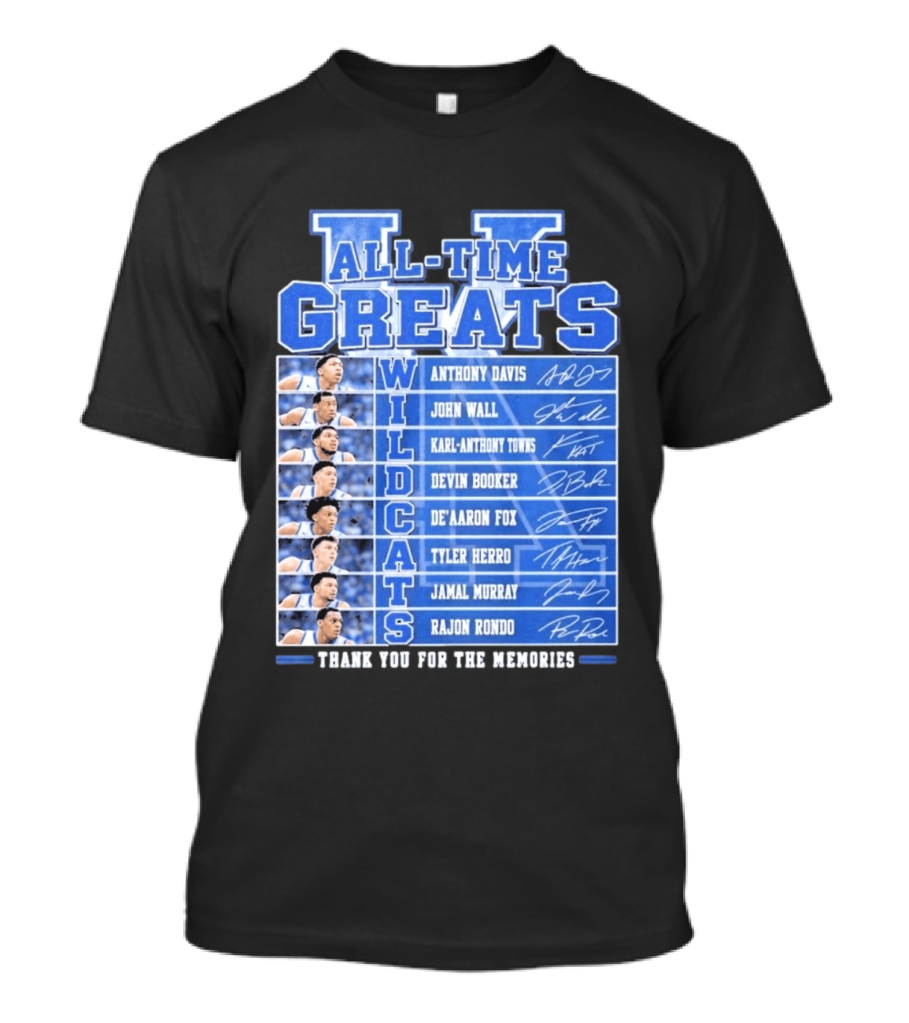 Kentucky Wildcats All Time Greats Anthony Davis John Wall Devin Booker Karl Anthony Towns De'Aaron Fox Tyler Herro Jamal Murray Rajon Rondo T-Shirt