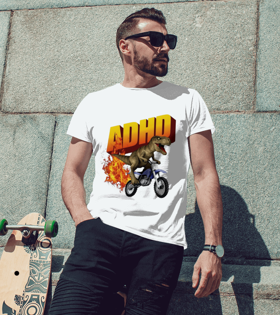 ADHD Rex Dinosaur Riding Dirt Bike With Flames T-Shirt