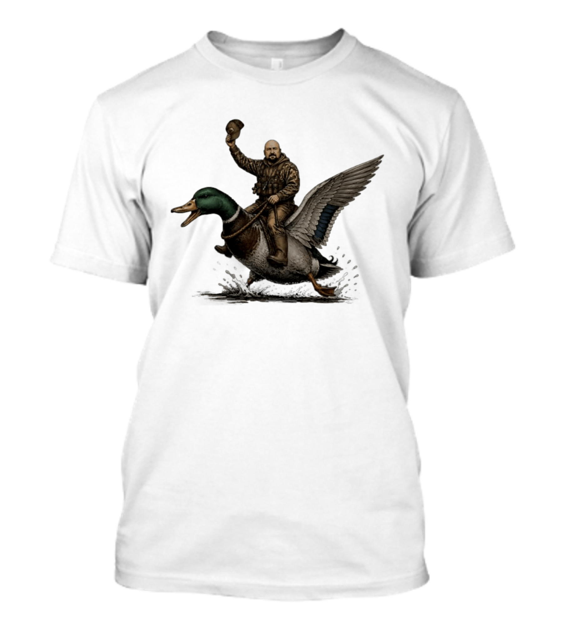 Duckboy Jones Riding A Mallard Duck With Hat Held High T-Shirt
