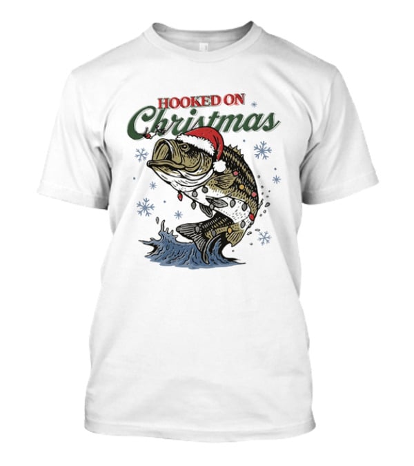 Hooked On Christmas 2026 Bass Fish Santa Hat Lights Snowflakes T-Shirt