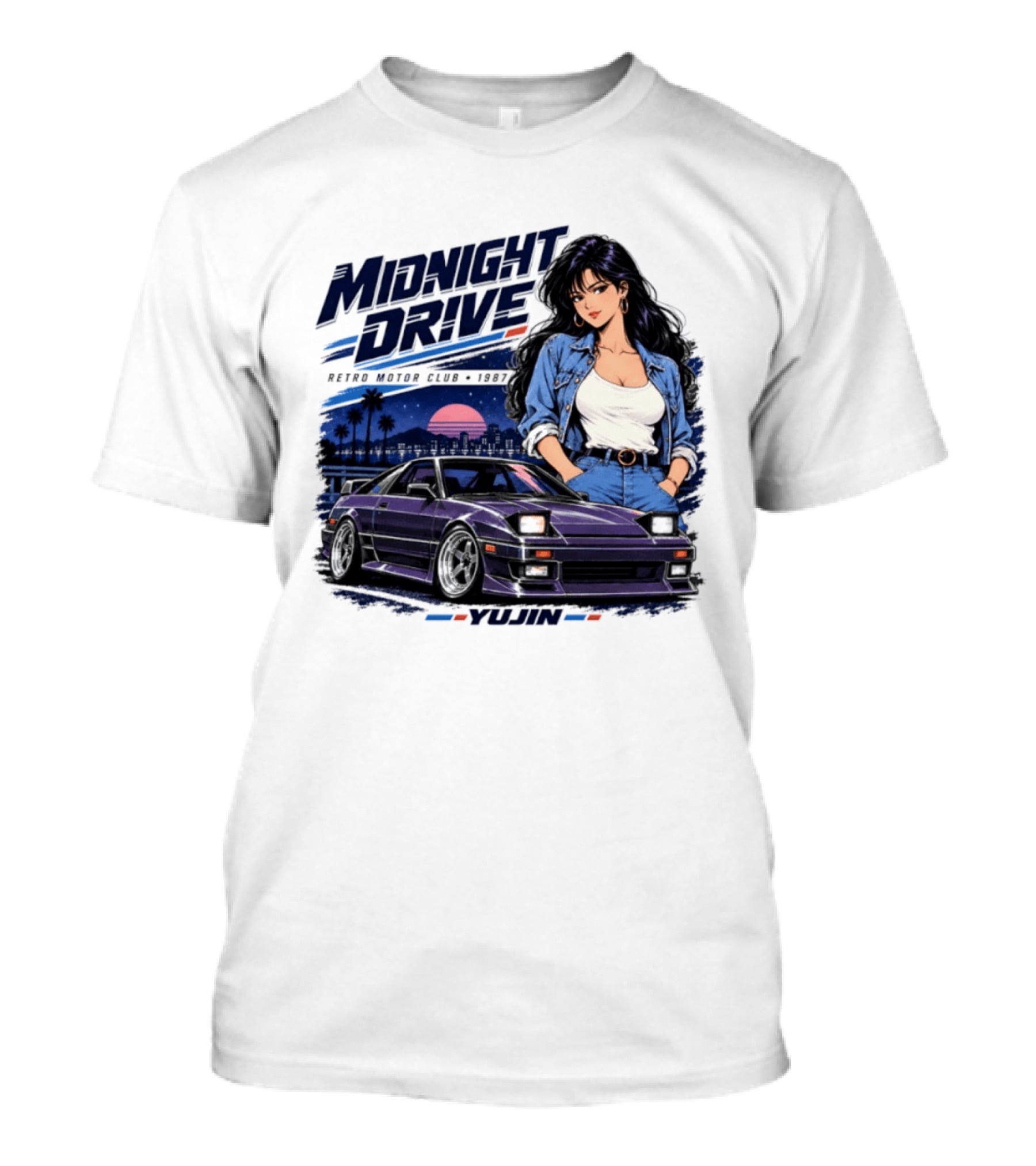 Midnight Drive Retro Motor Club 1987 Car And Woman T-Shirt