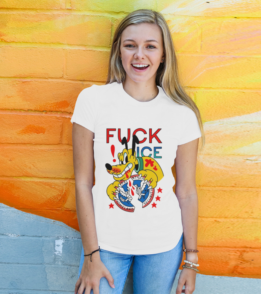 Pluto Dog Breaking Homeland Security Badge Cartoon Fuck ICE T-Shirt