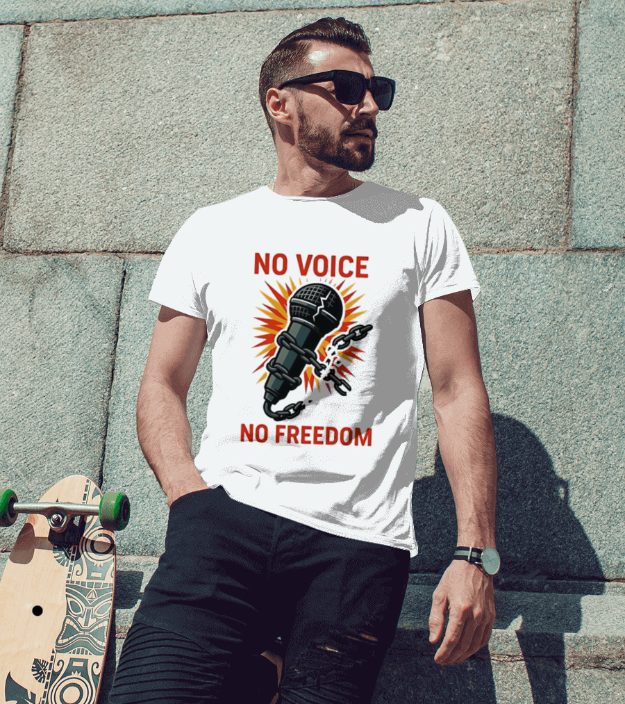 No Voice No Freedom Microphone And Chain Graphic T-Shirt