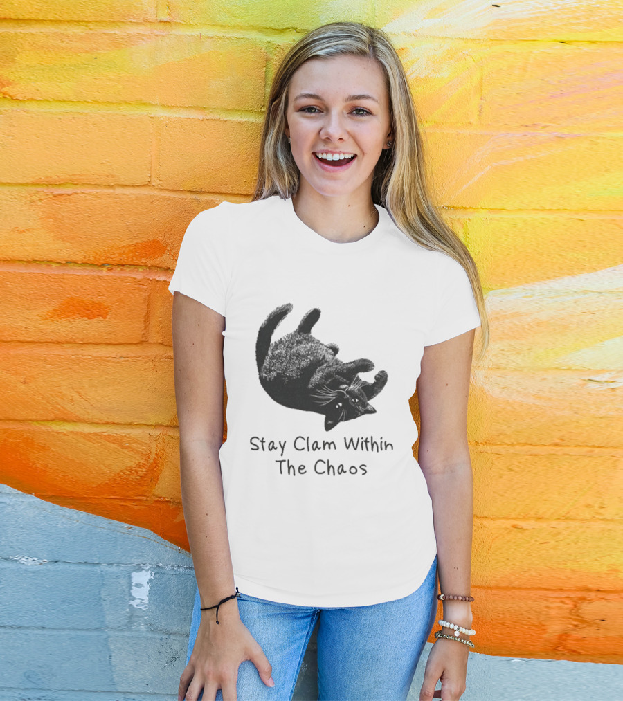 Stay Calm Within The Chaos Cat Pawsitive Vibes Black Feline T-Shirt