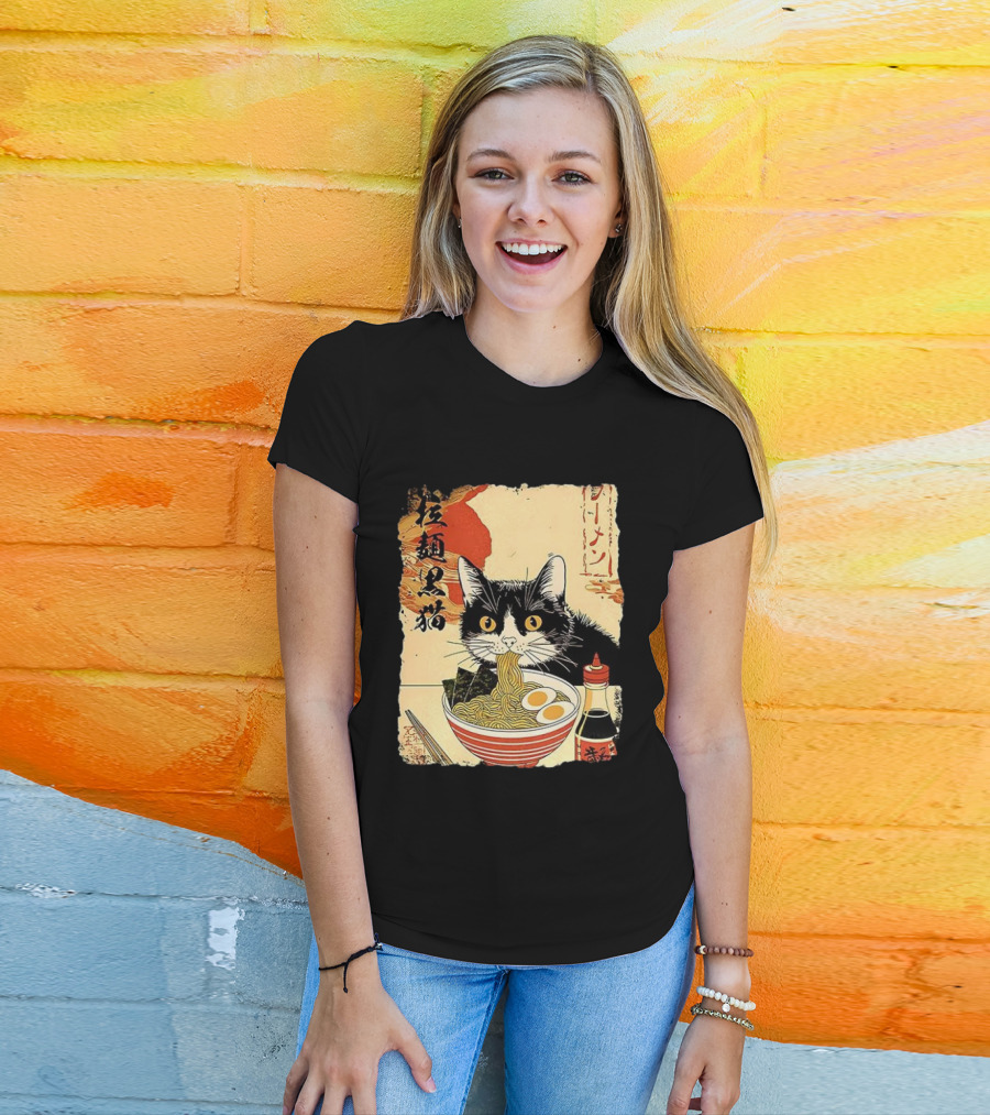 Japanese Black Cat Ramen Ukiyo E Retro Style With Kanji T-Shirt