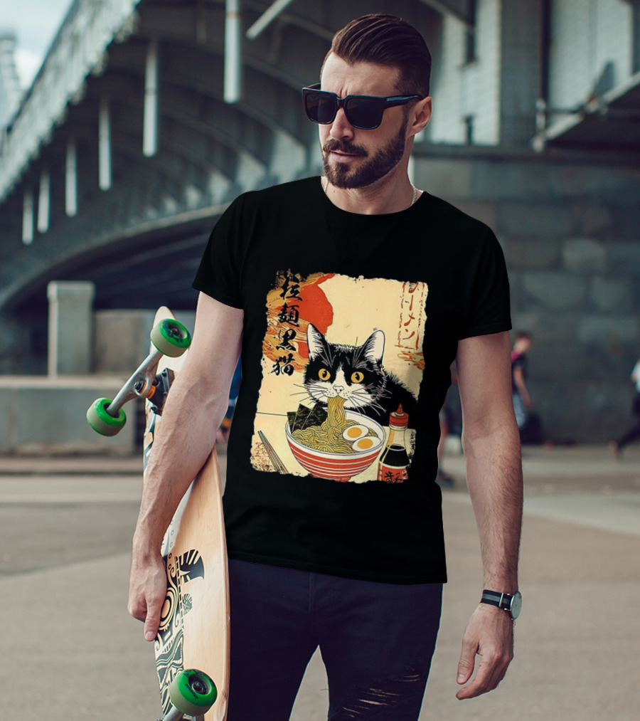 Japanese Black Cat Ramen Ukiyo E Retro Style With Kanji T-Shirt