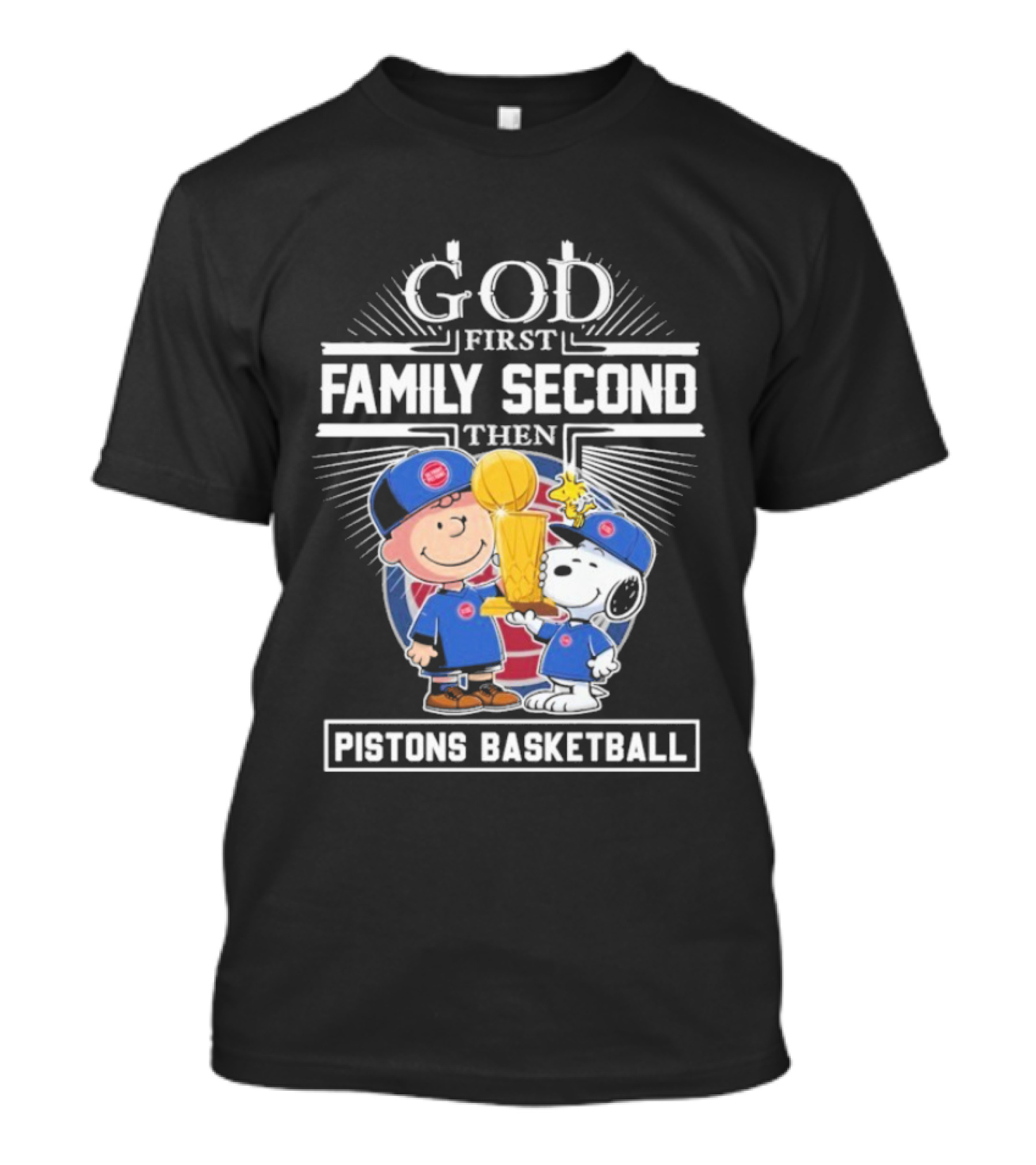 God First Family Second Then Pistons Basketball Snoopy Charlie Brown Trophy T-Shirt