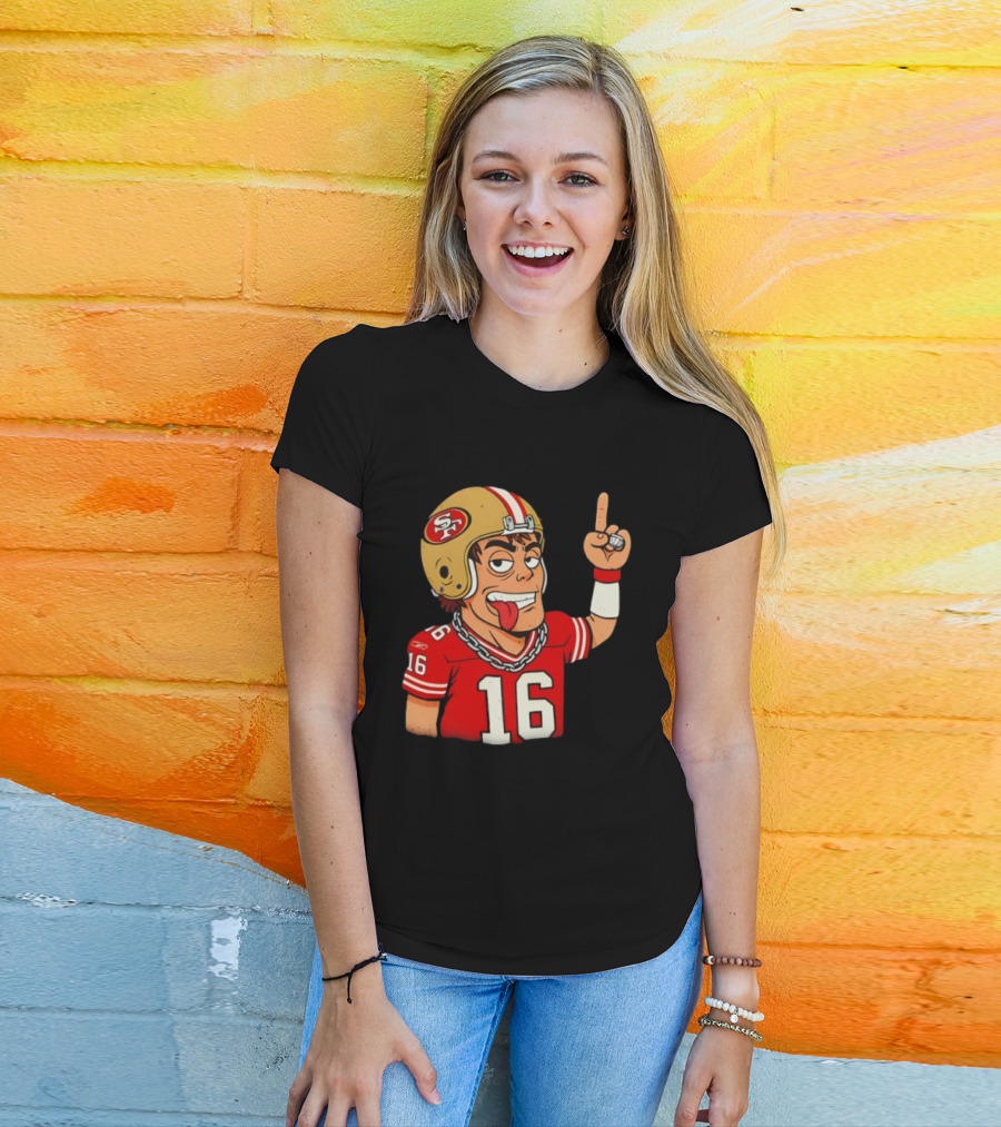Legendary Quarterback Joe Montana #16 San Francisco 49ers Cartoon Helmet Tongue Out T-Shirt