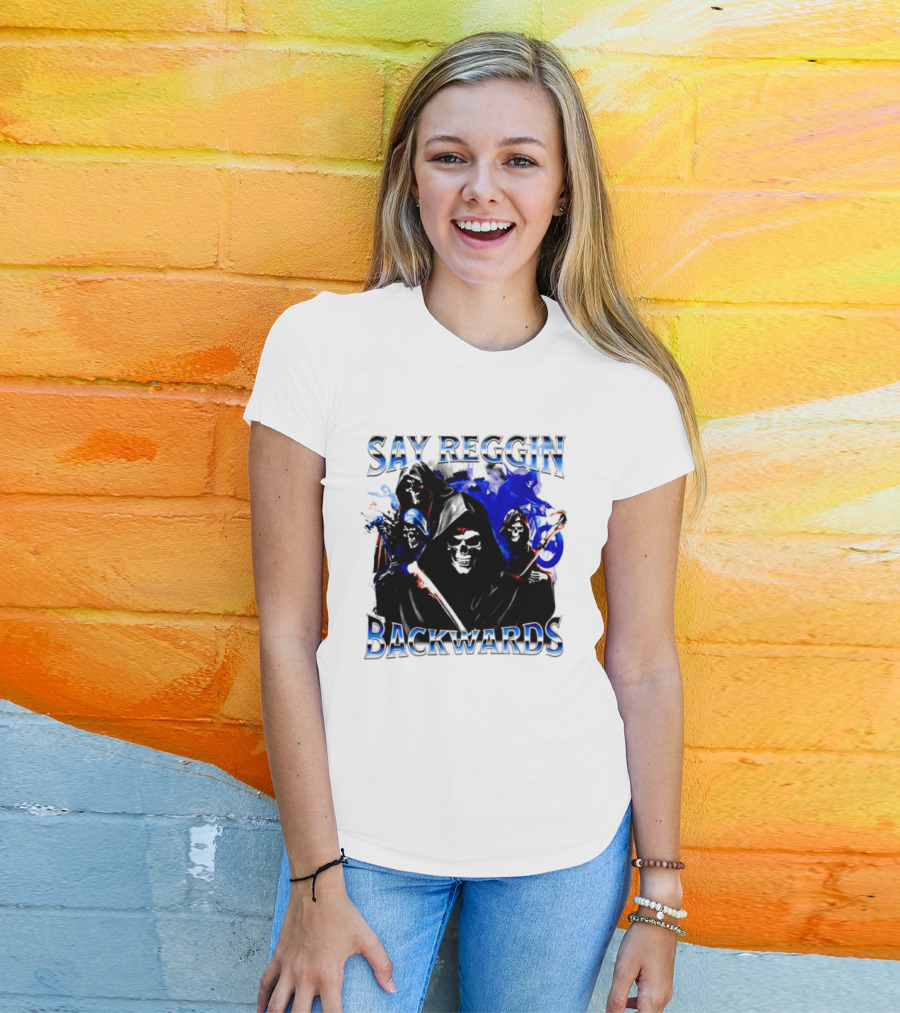Say Reggin Backwards Skeletons Blue And Red T-Shirt