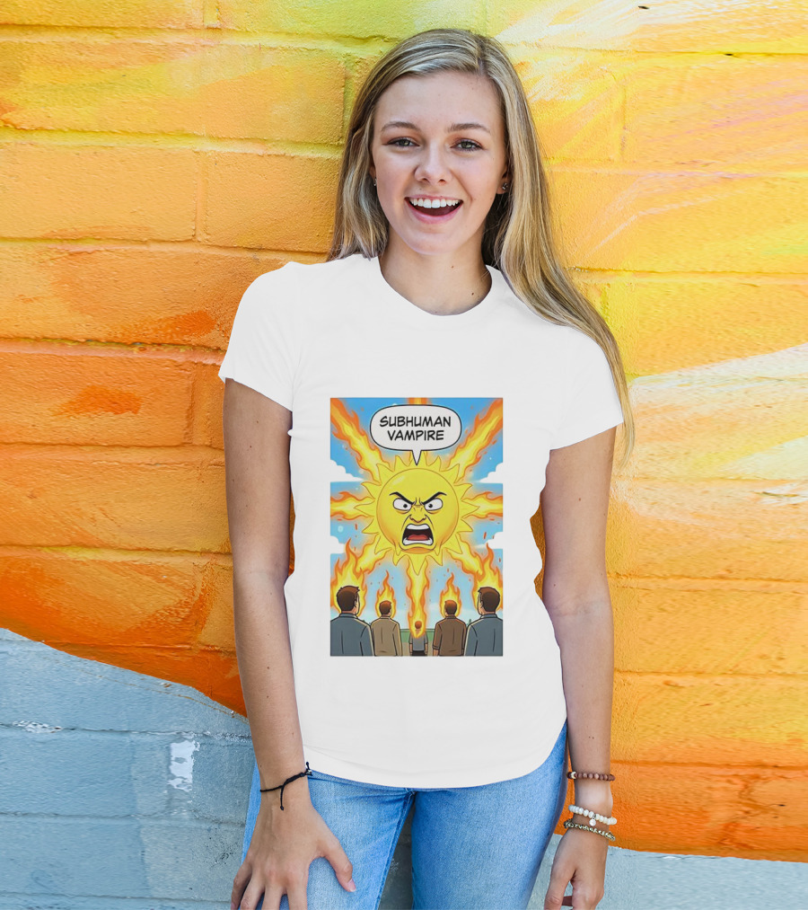 Subhuman Vampire Angry Sun Cartoon With Flames T-Shirt
