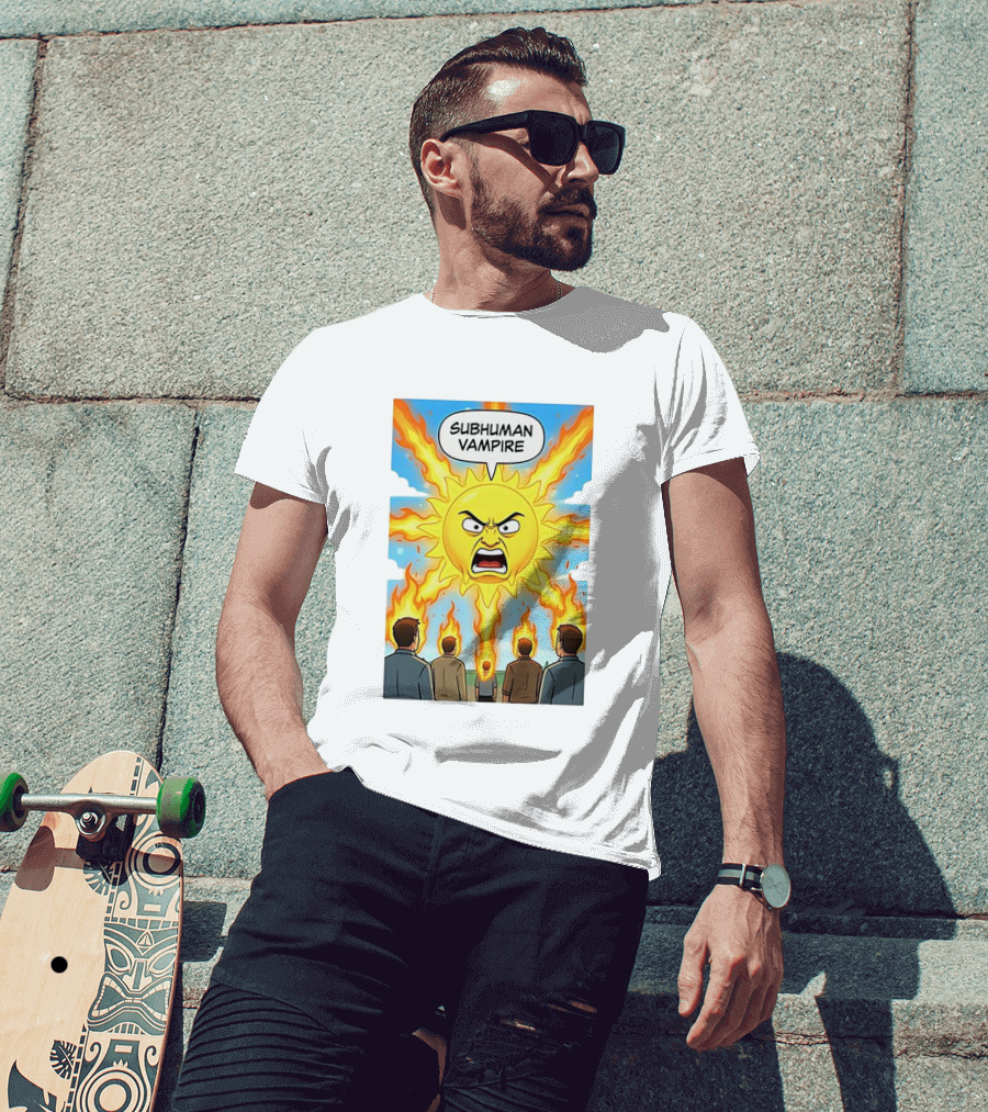 Subhuman Vampire Angry Sun Cartoon With Flames T-Shirt