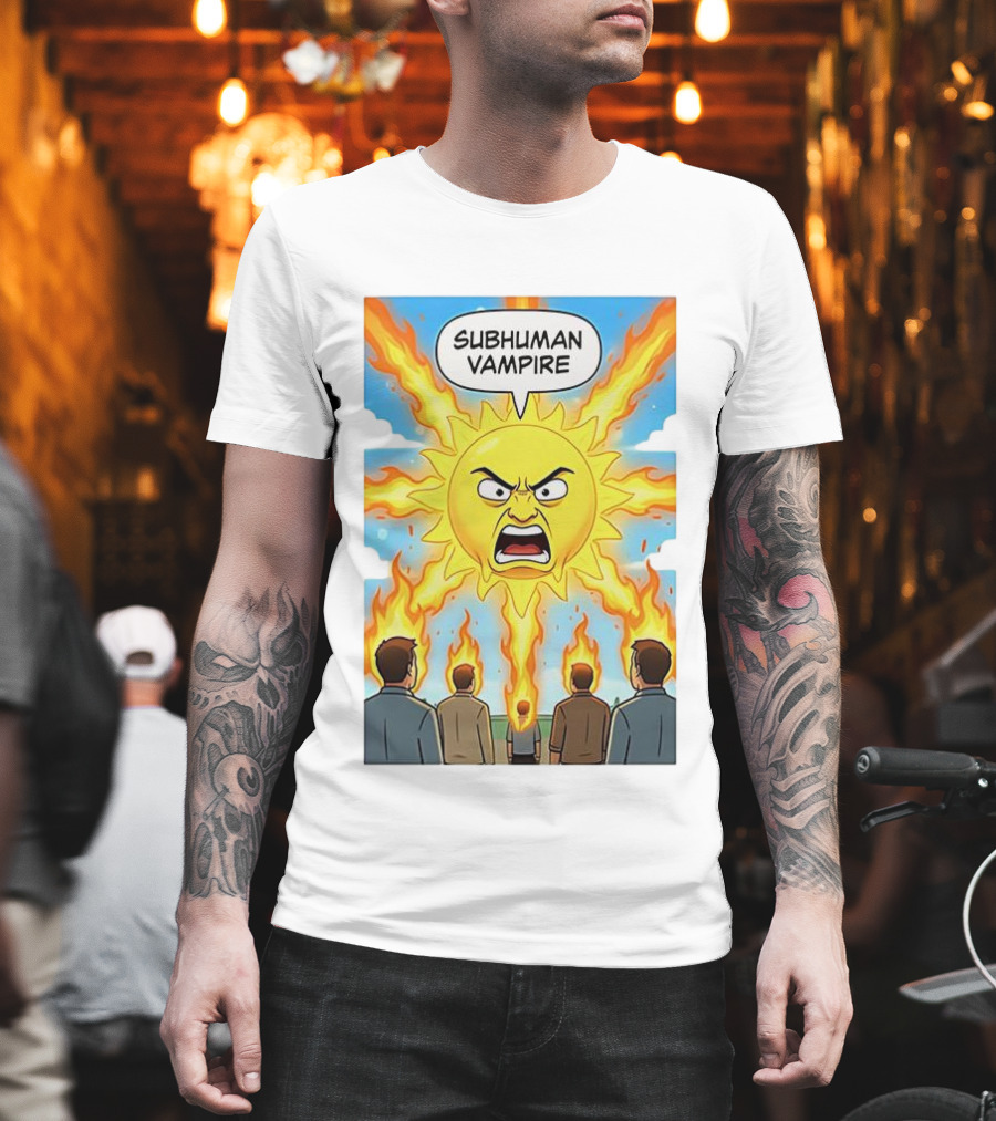 Subhuman Vampire Angry Sun Cartoon With Flames T-Shirt