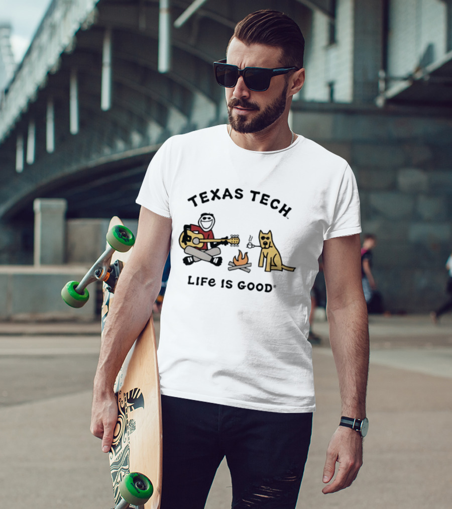Texas Tech Life Is Good Jake Dog With Guitar And Campfire T-Shirt