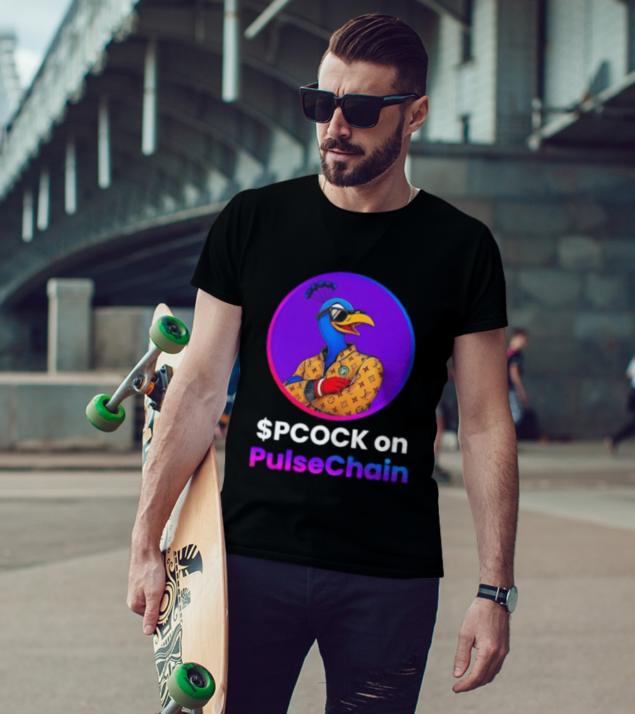 $PCOCK On PulseChain Peacock With Sunglasses And Patterned Outfit T-Shirt