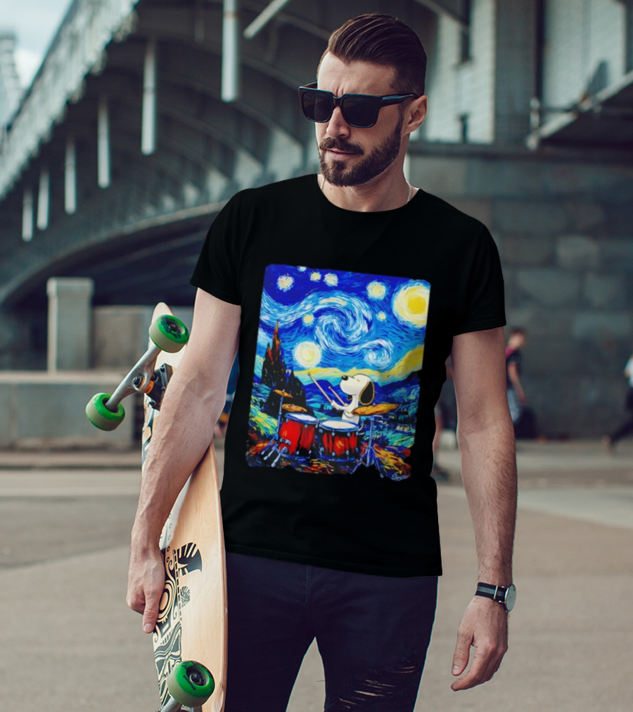 Snoopy Playing Drums Starry Night Van Gogh T-Shirt