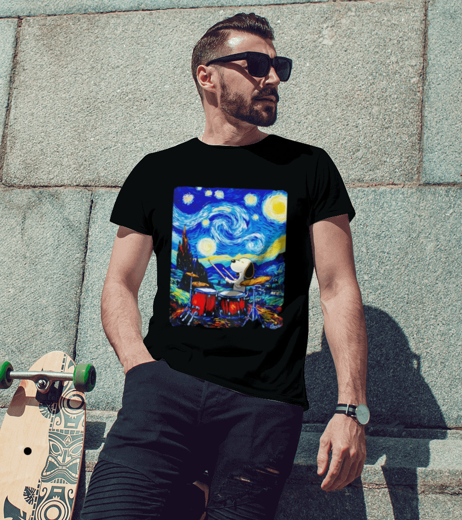 Snoopy Playing Drums Starry Night Van Gogh T-Shirt