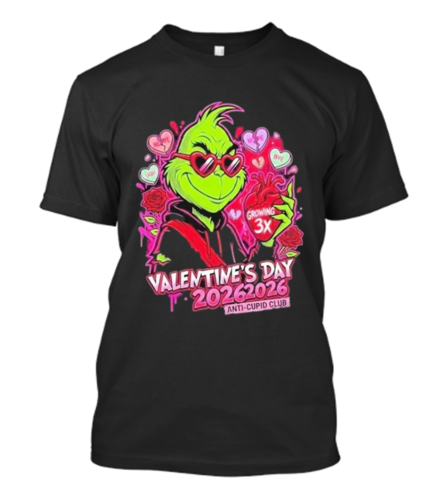 The Grinch Valentine's Day 2026 Anti Cupid Club Growing 3X Heart Funny Sarcastic Candy Hearts T-Shirt