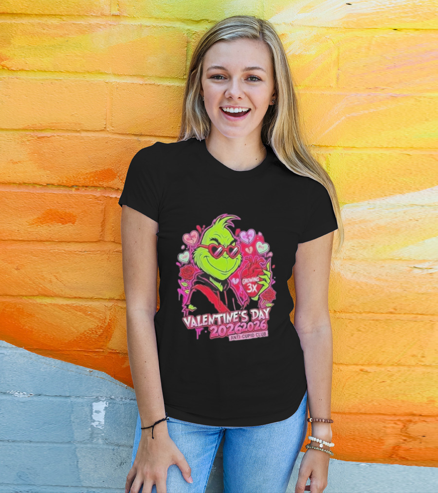 The Grinch Valentine's Day 2026 Anti Cupid Club Growing 3X Heart Funny Sarcastic Candy Hearts T-Shirt