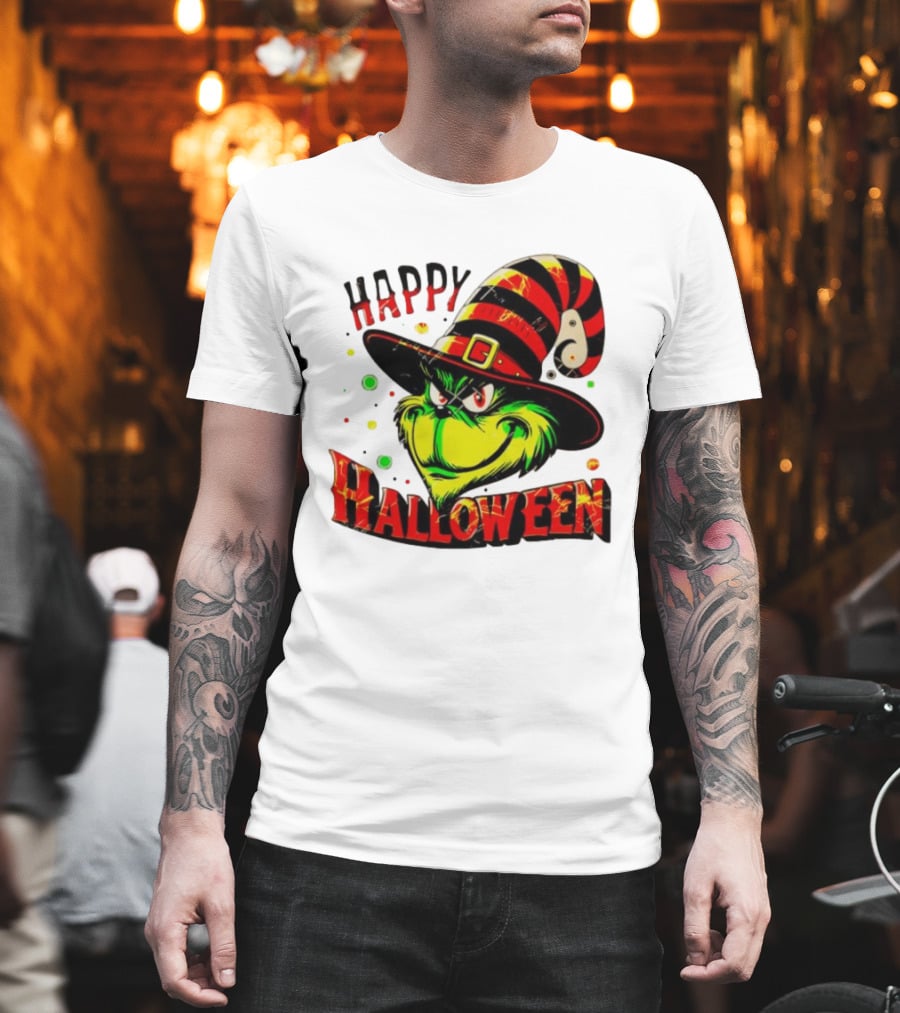 Happy Halloween Grinch Witch Hat Striped Festive T-Shirt