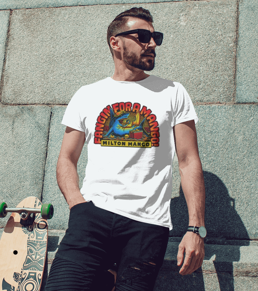 Victor Bravo's Fangin' For A Milton Mango Surfing Shark With Tropical Vibes T-Shirt