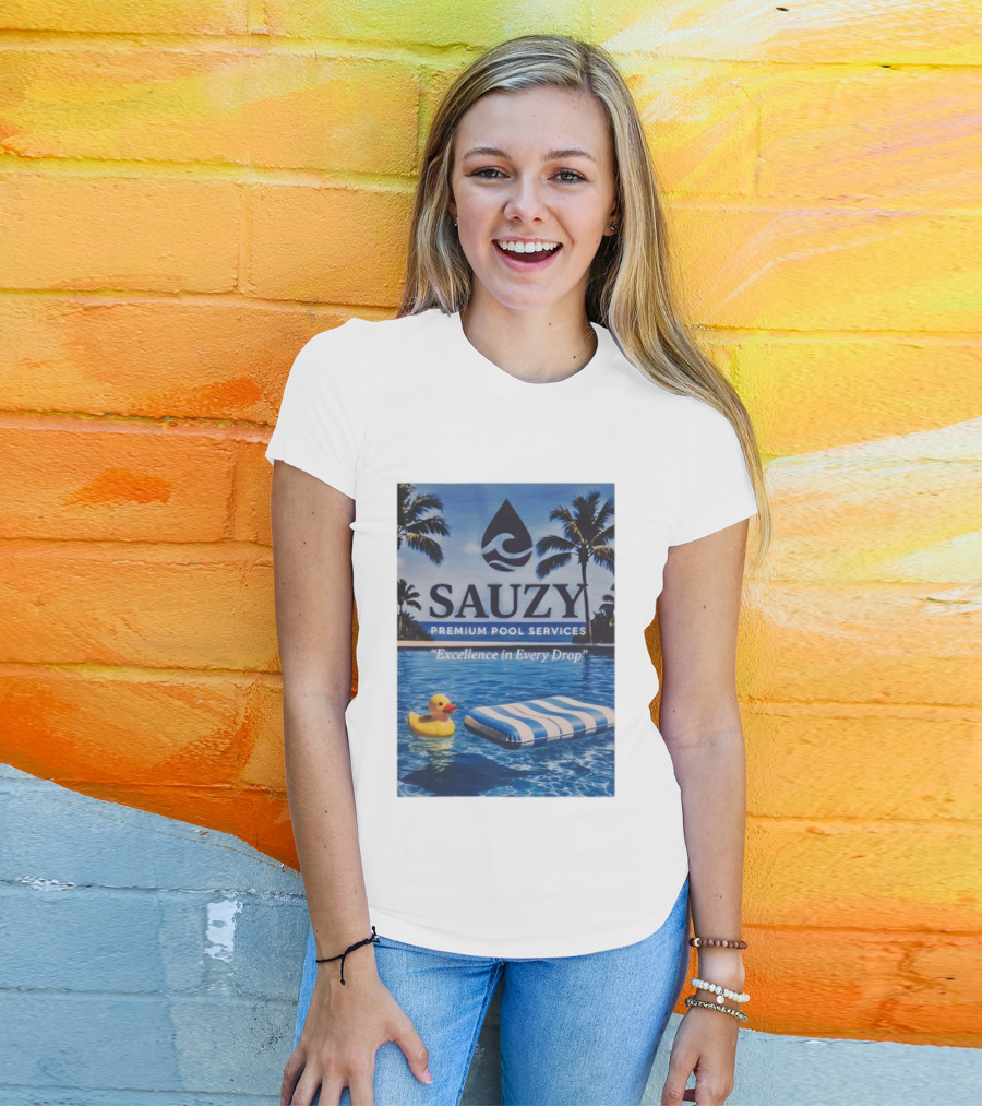 Sauzy Premium Pool Services Excellence In Every Drop Floating Fun With Duck And Lounger Palm Oasis T-Shirt