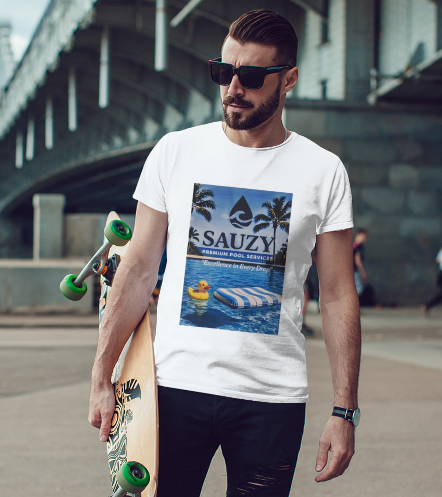 Sauzy Premium Pool Services Excellence In Every Drop Floating Fun With Duck And Lounger Palm Oasis T-Shirt