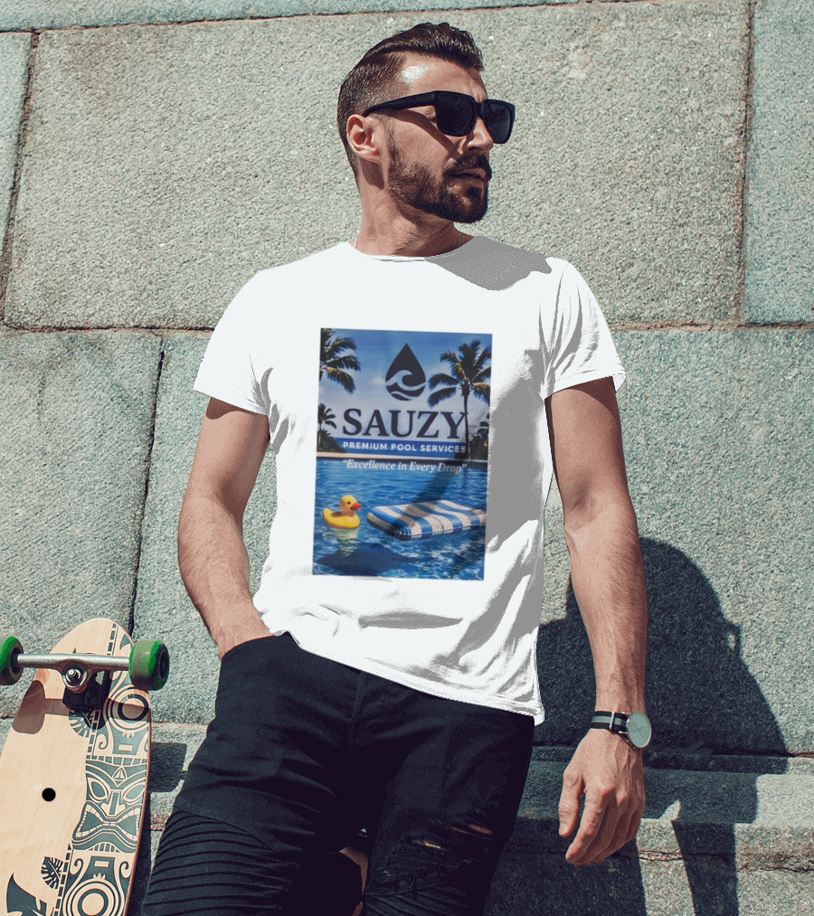 Sauzy Premium Pool Services Excellence In Every Drop Floating Fun With Duck And Lounger Palm Oasis T-Shirt
