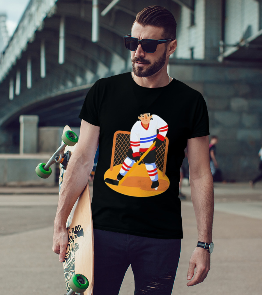 Ice Hockey Goalie In Action With Stick And Net Background T-Shirt