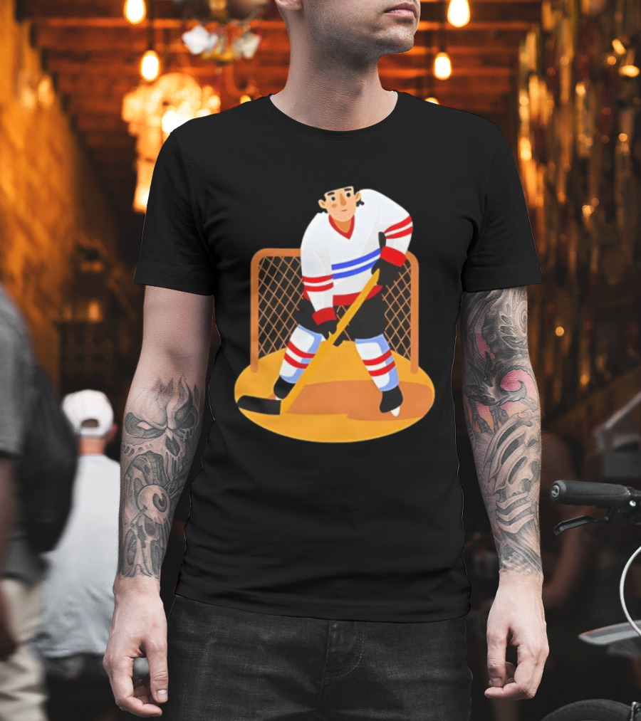 Ice Hockey Goalie in Action with Stick and Net Background T-Shirt