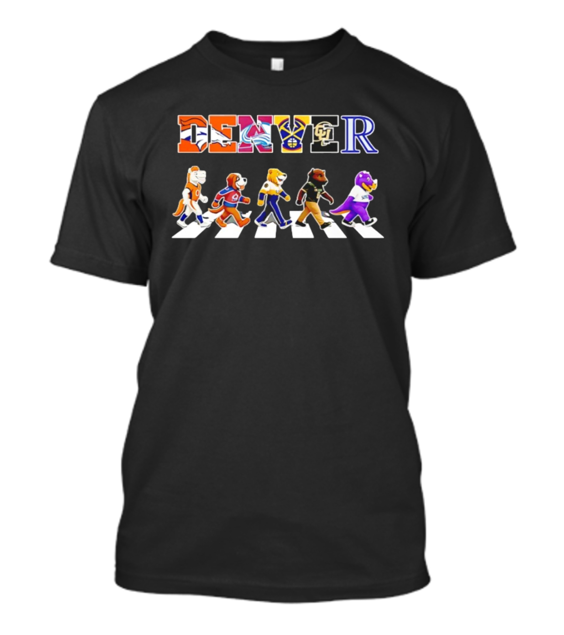 Denver Broncos Avalanche Nuggets Buffaloes Rockies Mascots Walking Abbey Road T-Shirt