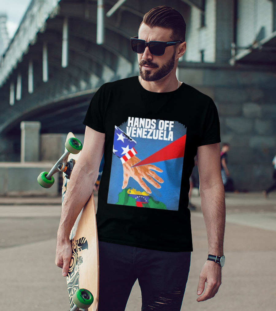 Hands Off Venezuela U.S. Imperialism Critique Featuring Venezuelan Flag And Map T-Shirt