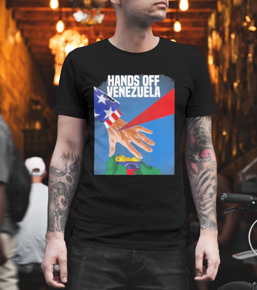 Hands Off Venezuela U.S. Imperialism Critique Featuring Venezuelan Flag and Map T-Shirt