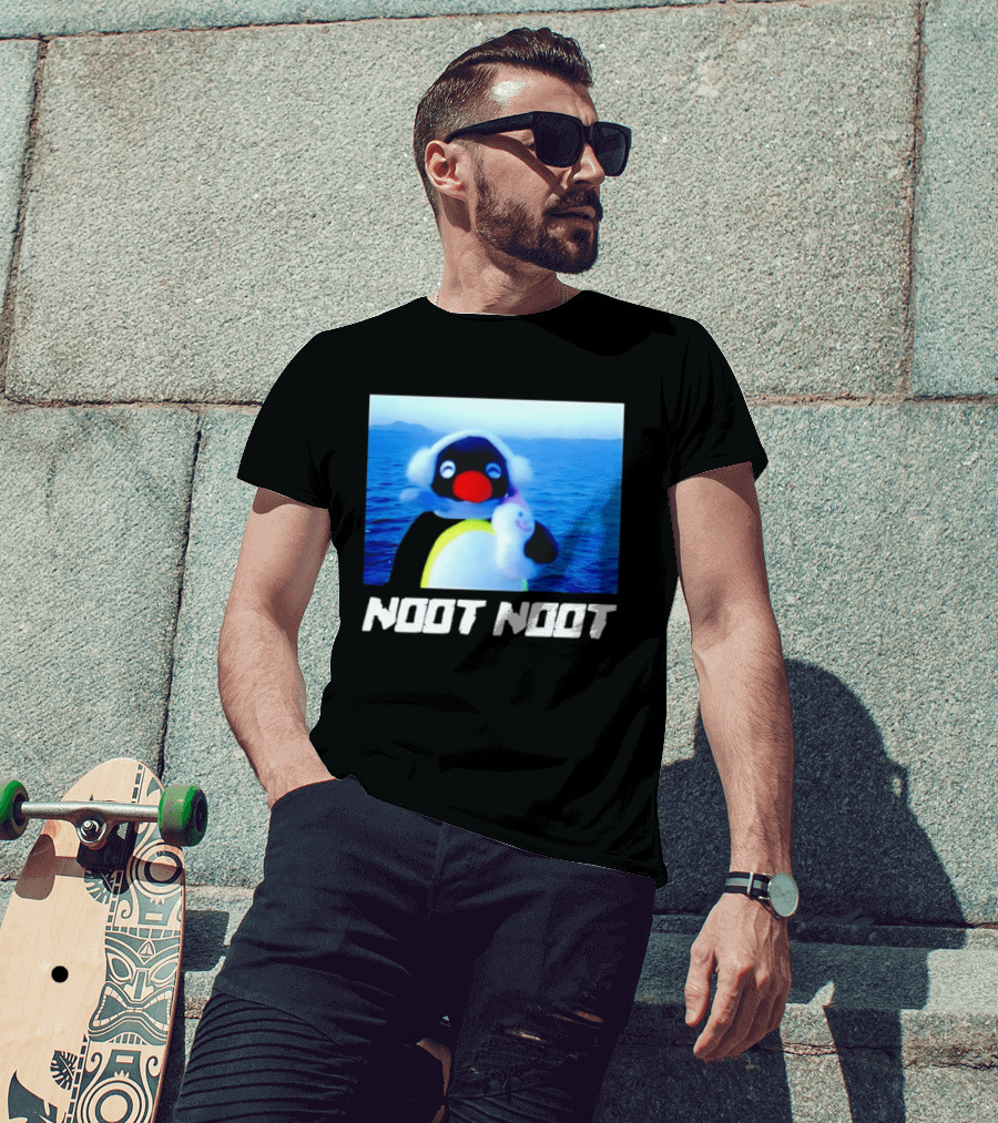 Noot Noot Penguin Holding Toy Ocean Background T-Shirt
