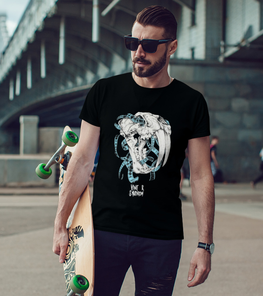 Vinegar Syndrome Saber Toothed Tiger Skull Vintage Film Reel T-Shirt