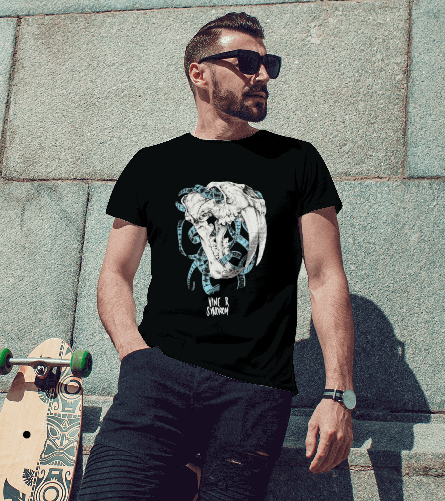 Vinegar Syndrome Saber Toothed Tiger Skull Vintage Film Reel T-Shirt