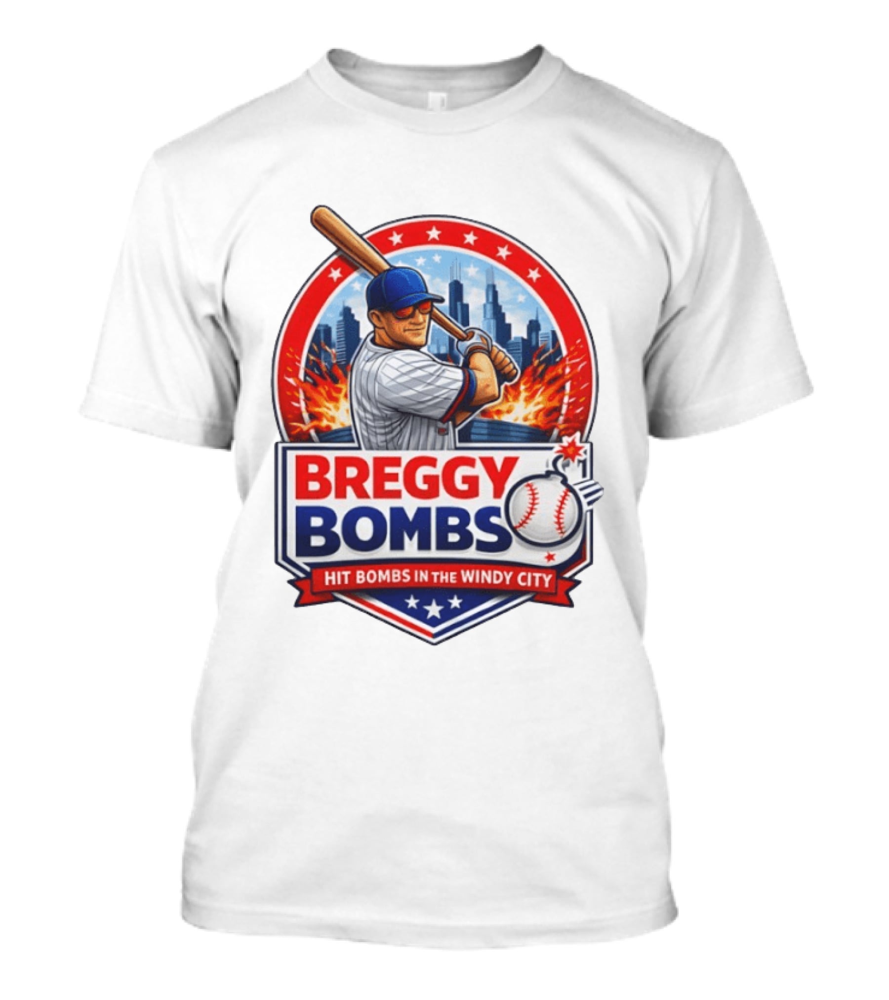 Breggy Bombs Hit Bombs In The Windy City Baseball Power Chicago Skyline Fireworks T-Shirt