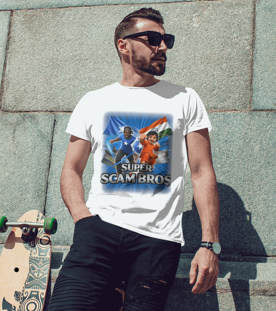 Super Scam Bros Indian Flag With Cartoon Superheroes And Credit Cards T-Shirt