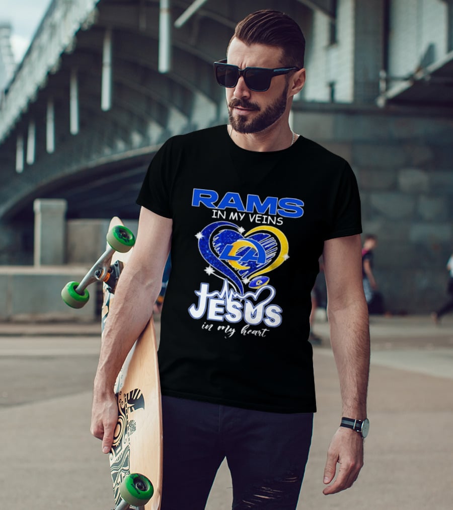Los Angeles Rams In My Veins Jesus In My Heart Football Fan Faithful T-Shirt