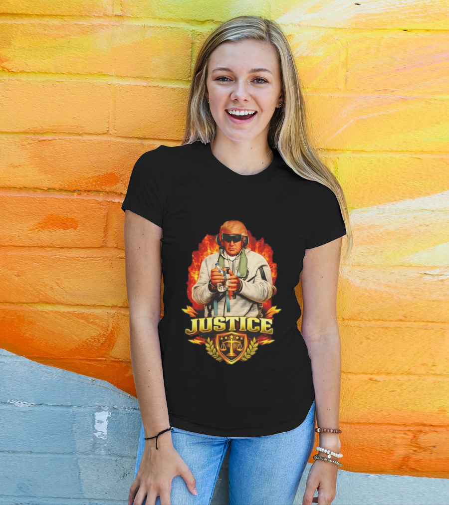 Justice Trump Flaming Background Holding Water Scales Of Justice T-Shirt