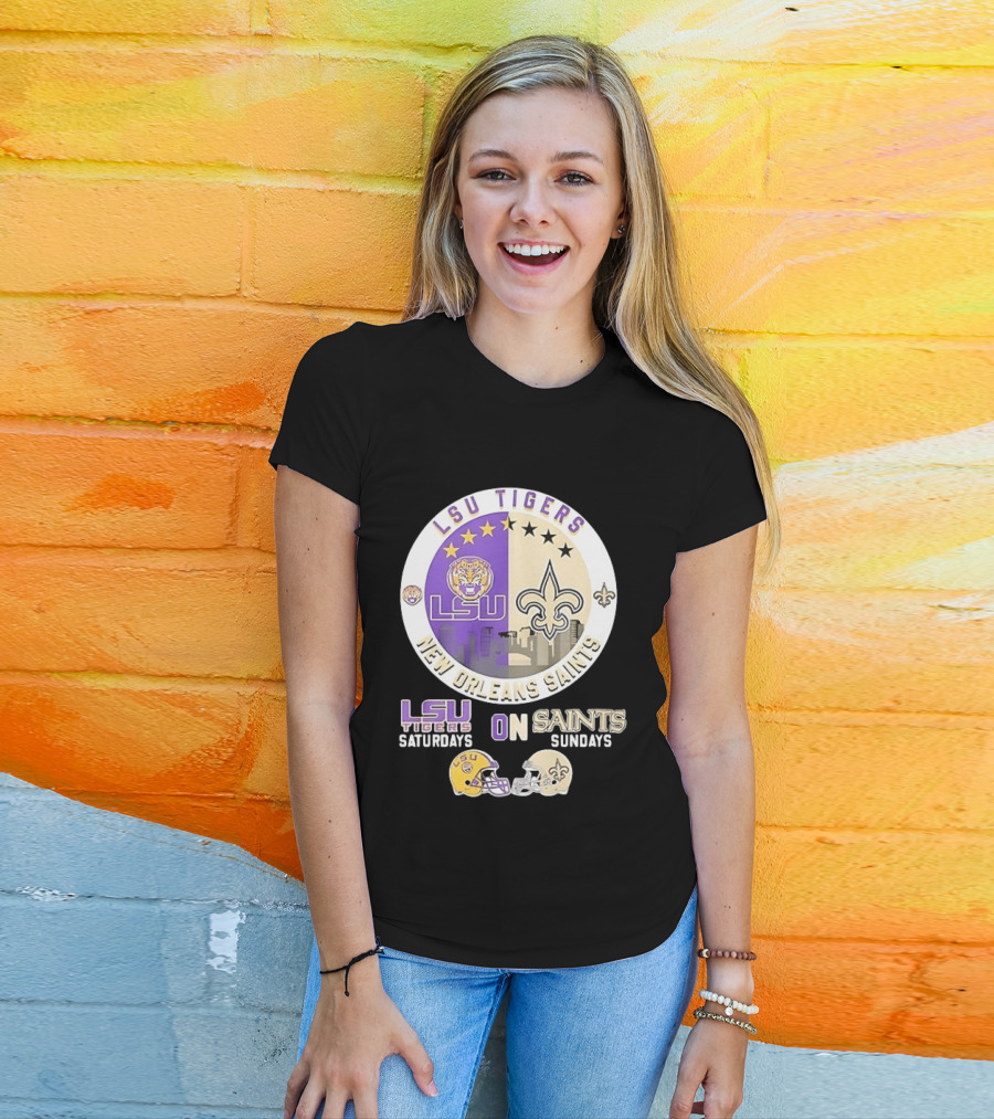 LSU Tigers Saturdays New Orleans Saints Sundays Mashup Helmet T-Shirt