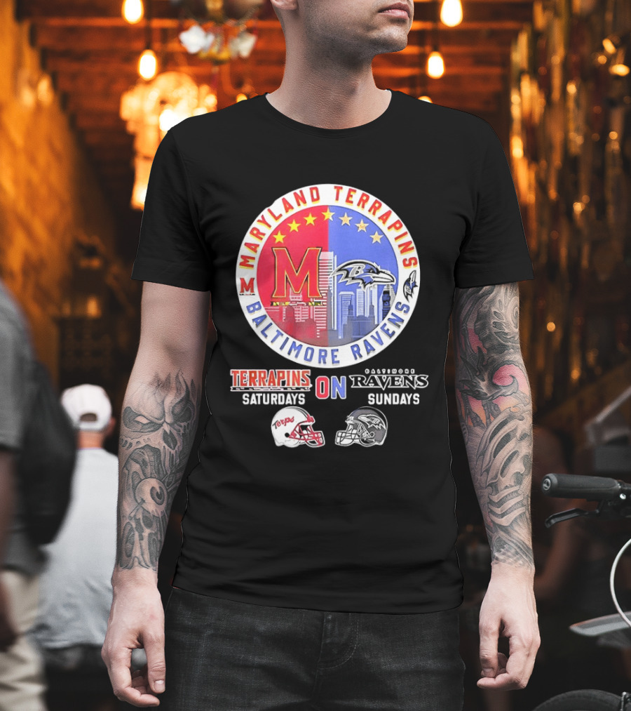 Maryland Terrapins Saturdays Baltimore Ravens Sundays Mashup Helmet T-Shirt