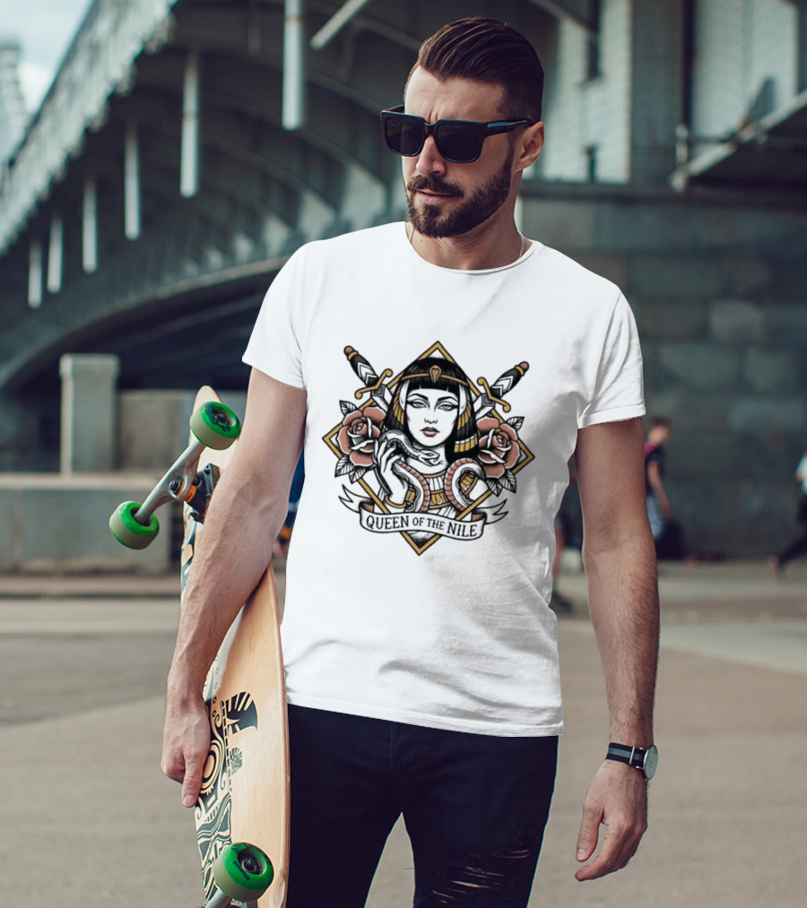 Queen Of The Nile Cleopatra Egyptian Iconic Imagery With Swords And Flowers T-Shirt