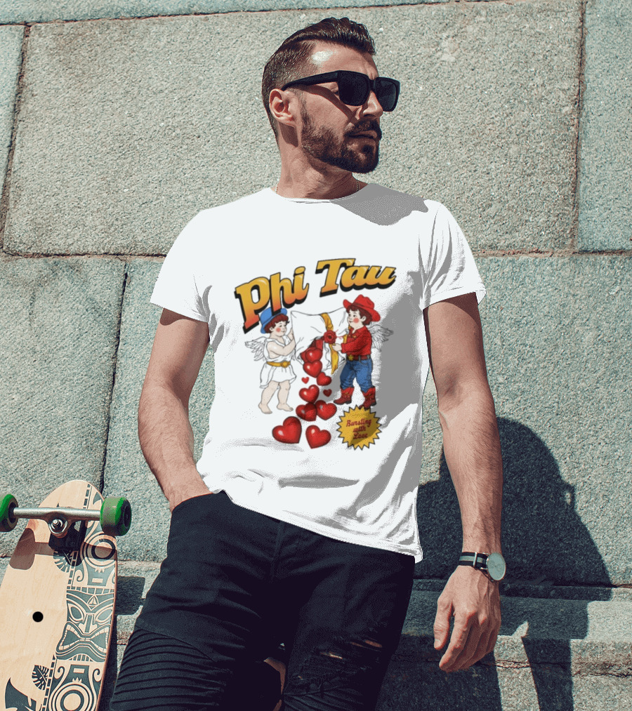 Phi Tau Valentine's Cupid And Cowboy Bursting With Love Hearts T-Shirt