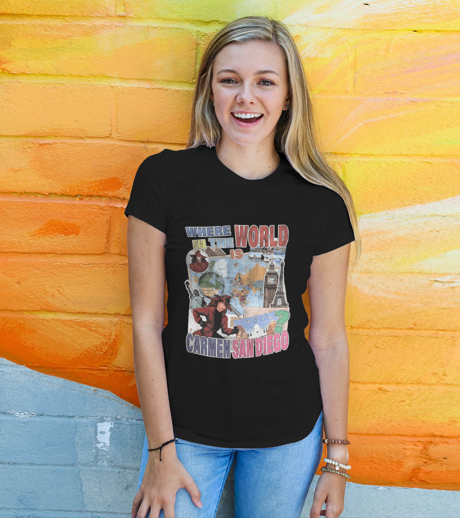 Where In The World Is Carmen Sandiego Map And Landmarks Collage T-Shirt