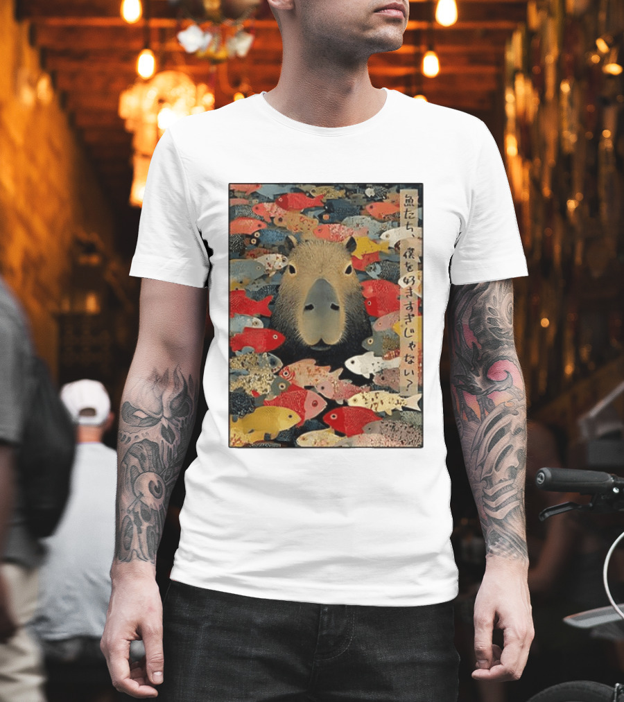 Am I Too Lovable Capybara Surrounded By Colorful Koi Fish T-Shirt