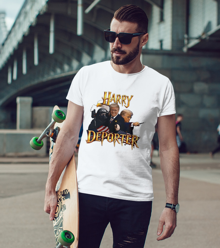 Harry Deporter Trump ICE Caricature American Flag Wand And Eagle T-Shirt